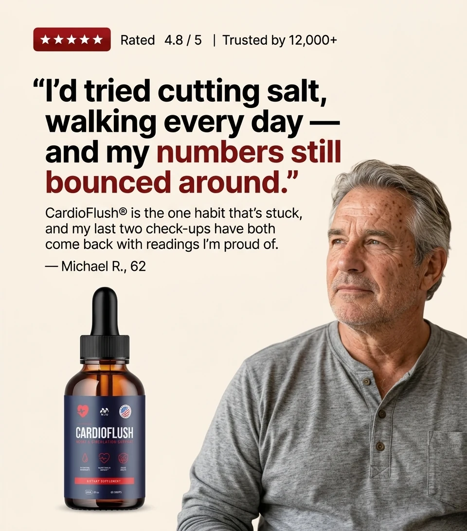 Rated 4.8 out of 5, trusted by 14,000+. &ldquo;This is the one habit that finally stuck.&rdquo;
                  I&rsquo;d tried cutting salt, walking more, and a couple of other supplements &mdash;
                  nothing felt consistent. With CardioFlush&reg;, I noticed steadier energy first, then
                  calmer, more consistent readings at my check-ups. Now it's just part of my morning.
                  &mdash; Robert K., 61.